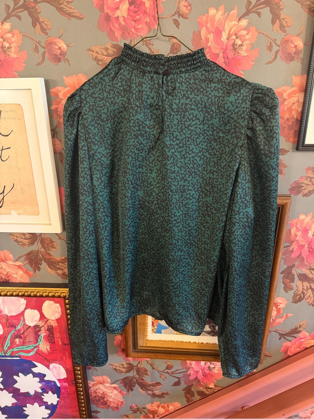 Women's Teal Printed Long-Sleeve Blouse with Gathered Neck